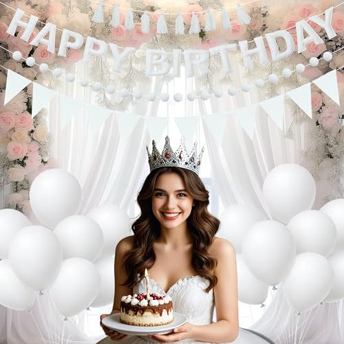Image of White Themed Birthday Decoration Set, White Pre-Strung 3D Felt Happy Birthday Banners, Pom-Pom Garland, Party Pennant Felt Banner Flags, Tassel Garland, Balloons, Reusable Party Decor,Photo Prop