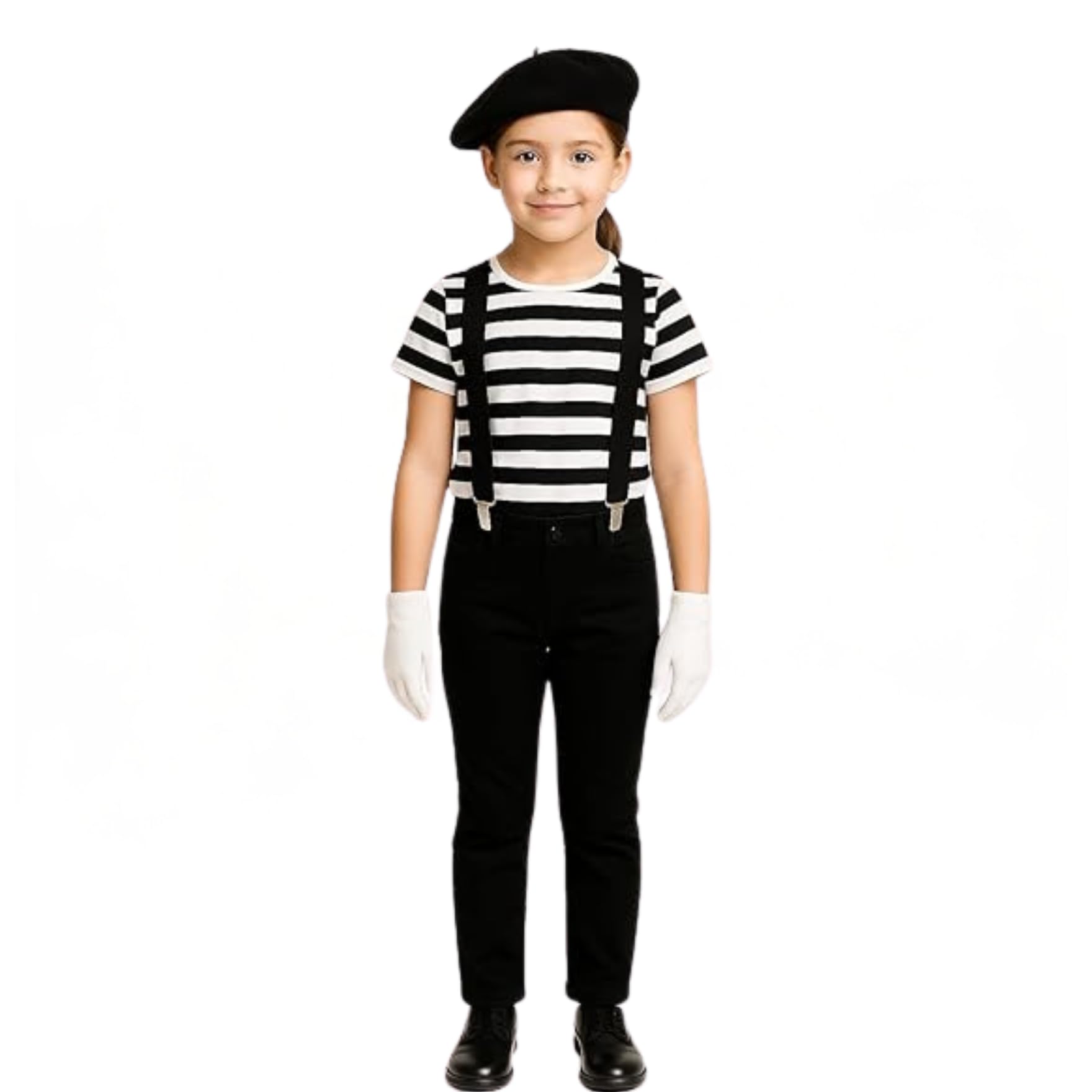 labreeze Kids Girls Black and White Stripe T-Shirt, Black Beret Hat, White Gloves & Black Braces Set – French Mime Fancy Dress Costume for Girls – World Book Day Outfit (11-12 Years)