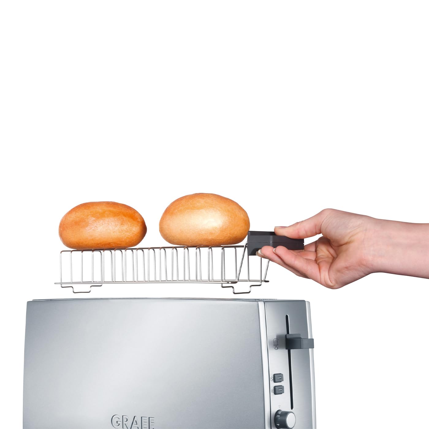 GRAEF Tostadora TO 90 plateada, ranura larga, accesorio panecillos, 6 niveles tostado, elevador, recogemigas inox, descongelación
