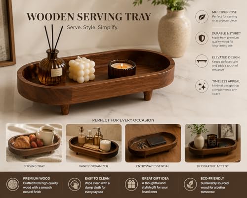 Image of D&G Homes Wooden Serving Trays, Large Sheesham Wood Serving Tray with Legs,13 x 6 x 2 in, Stackable Platters for Serving Cakes, Pastries, Snacks, Breakfast, Coffee Table, Party, Home Decor