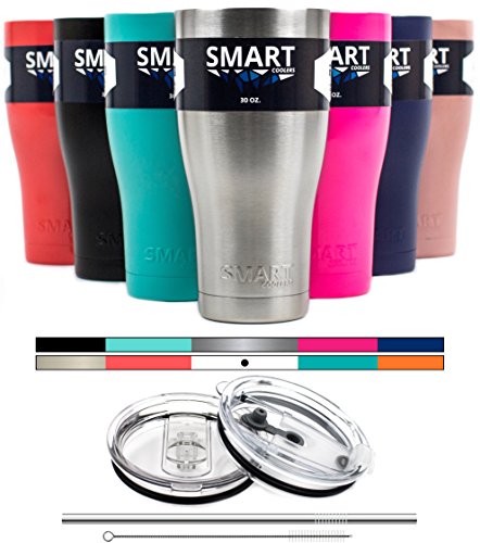 Smart Cooler 30 Oz. Sweat Free Ultra-Tough Double Wall Stainless Steel Tumbler Cup with Leak-proof Heavy Duty Tumbler Lids (Slide Lid & Flip Lid), Straw, & Cleaning Brush - White - Thumbnail 5