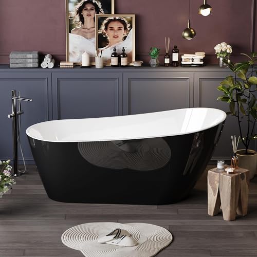59 Inch Freestanding Bathtub, Acrylic Deep Soaking Tub, Chrome Overflow and Drain, Non-Slip...