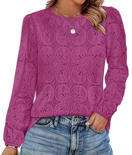 Image of OFEEFAN Blouses for Women Dressy Casual Spring Tops 2026 Summer Outfits Flower Lace Crochet Long Sleeve Shirts