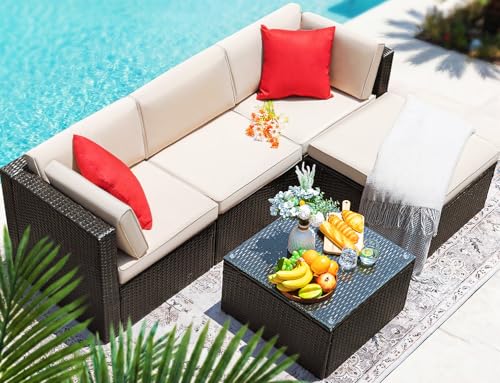 Devoko 5 Pieces Patio Furniture Sets All Weather Outdoor Sectional Patio Sofa Manual Weaving Wicker Rattan Patio Seating Sofas with Cushion and Glass Table (Beige) - Image 6