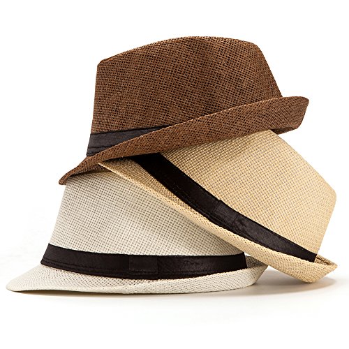 Image of LADYBRO 7 1 /4 Straw Fedora Hats for Men Summer Short Brim Trilby for Travel (Pack of 3, M /L)
