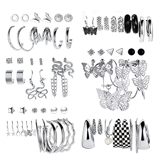 37 Pairs Silver Hoop Earrings Set for Women Multipack Fashion Drop Dangle Earring Packs Pearl Studs Butterfly Earrings Hypoallergenic Chunky Hoops Jewelry for Valentine's Day Gifts