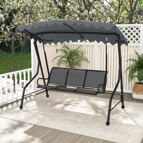 Image of Tangkula 3 Person Porch Swing, Patio Swing with Adjustable Canopy, Heavy-Duty Metal Frame & Breathable Seat, Outdoor Metal Swing for Backyard, Poolside, Balcony, Garden, 1000 lbs Max Load (Grey)
