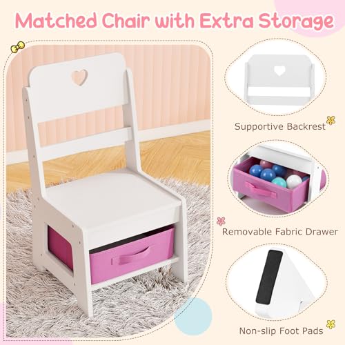 Image of Costzon Kids Vanity, Girls Vanity Set with Lighted Mirror, Bookshelf, Jewelry Storage, Toddler Makeup Vanity Desk Dressing Table, Wooden Kids Vanity Table and Chair Set (White)