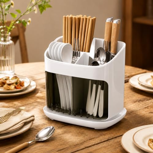 Image of Cutlery Holder with Drainage Tray | Kitchen Cutlery Organizer with Removable Partition | Large Capacity Countertop Storage Caddy (White)