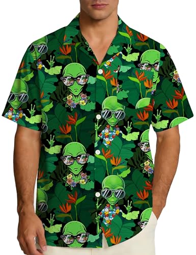 EoBeKee Funny Hawaiian Shirts for Men Short Sleeve Alien Printed Beach Casual Button Down Shirts Summer Tropical Vacation Aloha Shirt for Costume Party