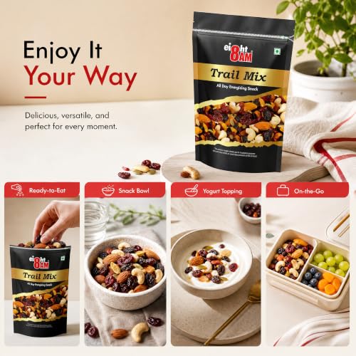 Image of 8AM Trail Mix Dry Fruits & Nuts, 200gm, Made with Nutritious Ingredient Cranberries, Cashew, Almonds, Black Raisin, Dried mango, Pumpkin Seeds, Healthy and Tasty Snack, Rich Source of Zinc, Potassium and Iron