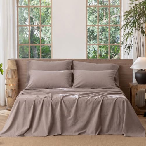 Image of MooMee Sheet Set 100% Washed Cotton Linen-Like Extra Deep Pocket Queen | Relaxed Linen-like Texture. Soft, Breathable & Lightweight Comfort. 15-19 inch Extra Deep Pocket with All-around Elastic