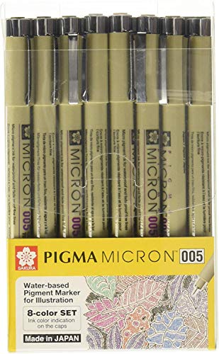 Sakura Pigma Micron 005, 8 Color Set Water Based Pigment for Illustration