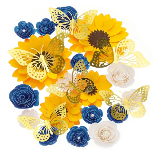Nezyo AZ-NEZYO-2087 30 Pcs Flower And Butterfly Diy Set Diy Graduation Cap Decorations 18 Pcs Flower Heads 12 Pcs 3D Butterfly Decorations Flat Back Roses Yellow Sunflower Heads cover