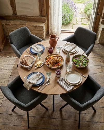 Amveya Ensemble Table Ronde 120cm Chêne et 4 Chaises Pivotantes Gris Foncé, Tissu Bouclé, Pieds Métal, Design Industriel Contemporain pour Salle à Manger...
