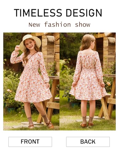 GRACE KARIN Girls Fall Dress Floral Long Sleeve Midi with Smocked Waist for Holiday Party 6-14Y2