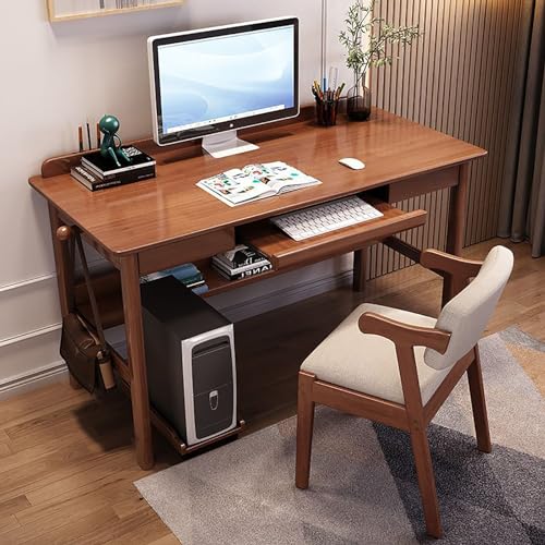 RiouPsithuric Escritorio de Oficina Moderno de Madera Maciza con Bandeja para Teclado, Escritorio con cajones y estantería, estación de Trabajo compacta para Espacios pequeños, Acabado Nogal (99