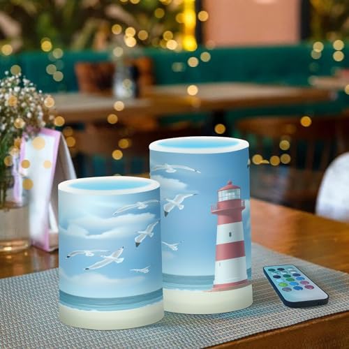 Image of Lighthouse Seagull Beach Flickering Flameless Candles LED Battery Operated with Remote Timer Pillar Candles for Home Birthday Wedding Christmas Decor, Set of 2