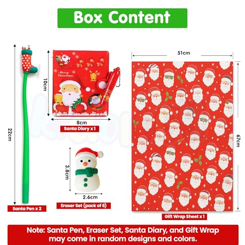Image of Kidology 4-Pcs. Christmas Gift Pack for Kids - Santa Diary, Erasers, Flexible Santa Pens & Festive Gift Wrap | Fun Holiday Stationery Set with Random Designs