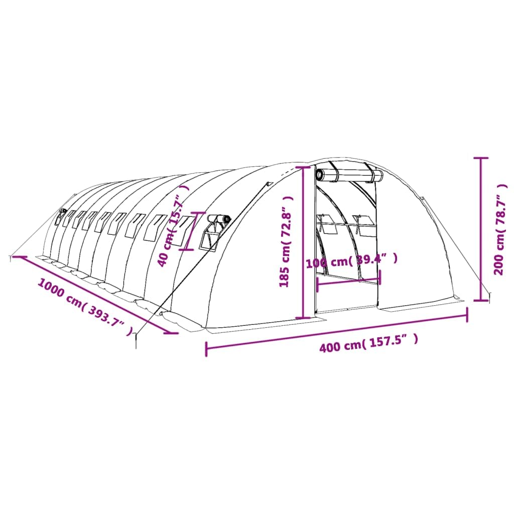 vidaXL Invernadero con Estructura de Acero, Invernáculo con Ventanas Puerta, Túnel de Cultivo, Vivero para Plantas, Verde 40 m² 10x4x2 m