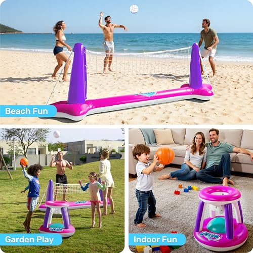 Image of JOYIN Inflatable Pool Float Set Volleyball Net & Basketball Hoops, Floating Swimming Game Toy Floaties for Kids and Adults Volleyball Court (105 inchx28 inchx35 inch)|Basketball (27 inchx23 inchx27 inch),L-Pink Purple