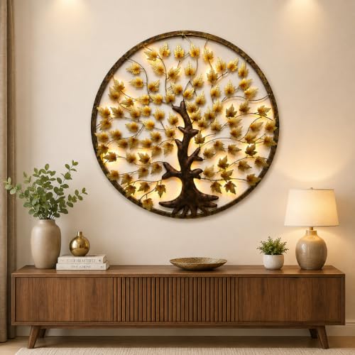 Image of Bharat Art Metal Iron Wall Art Decor for Home Bedroom Living room Cafe Interior Decorative | Elegant Wall Hanging Sculpture with LED Light | Gift Item | Mapple Tree In Ring | 40X2X40 Inch | W281