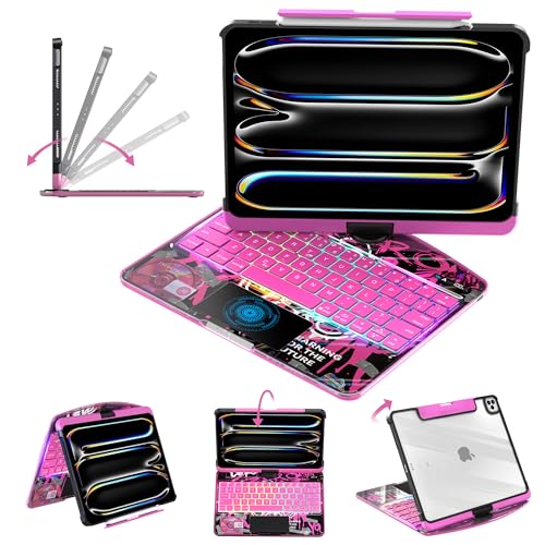 Image of Clear Keyboard Case for iPad Pro 11 Inch (M4 /M5 2024 /2025) 360 Swivel Multi-Touch Trackpad,with Wireless Bluetooth 3-Brightness & 7-Color Backlit, Pencil Holder tecla de acceso directo Pink
