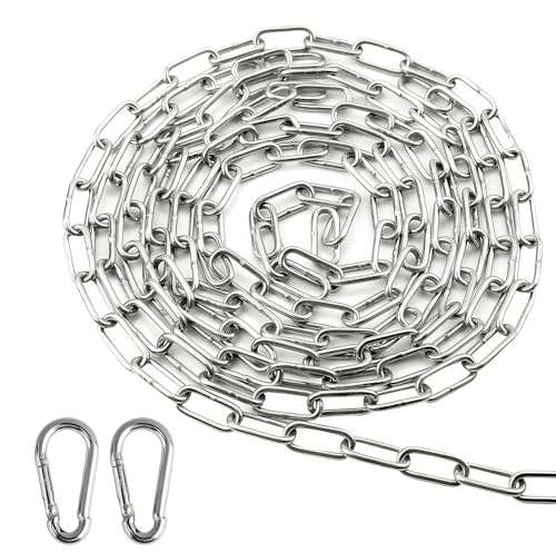 Cadena de extensión para sillón colgante de 1,5 m, cadena de acero inoxidable, cadena de acero inoxidable de 3 mm, con 2 mosquetones, cadena de eslabones de acero redondo para colgar, cadena de ancla