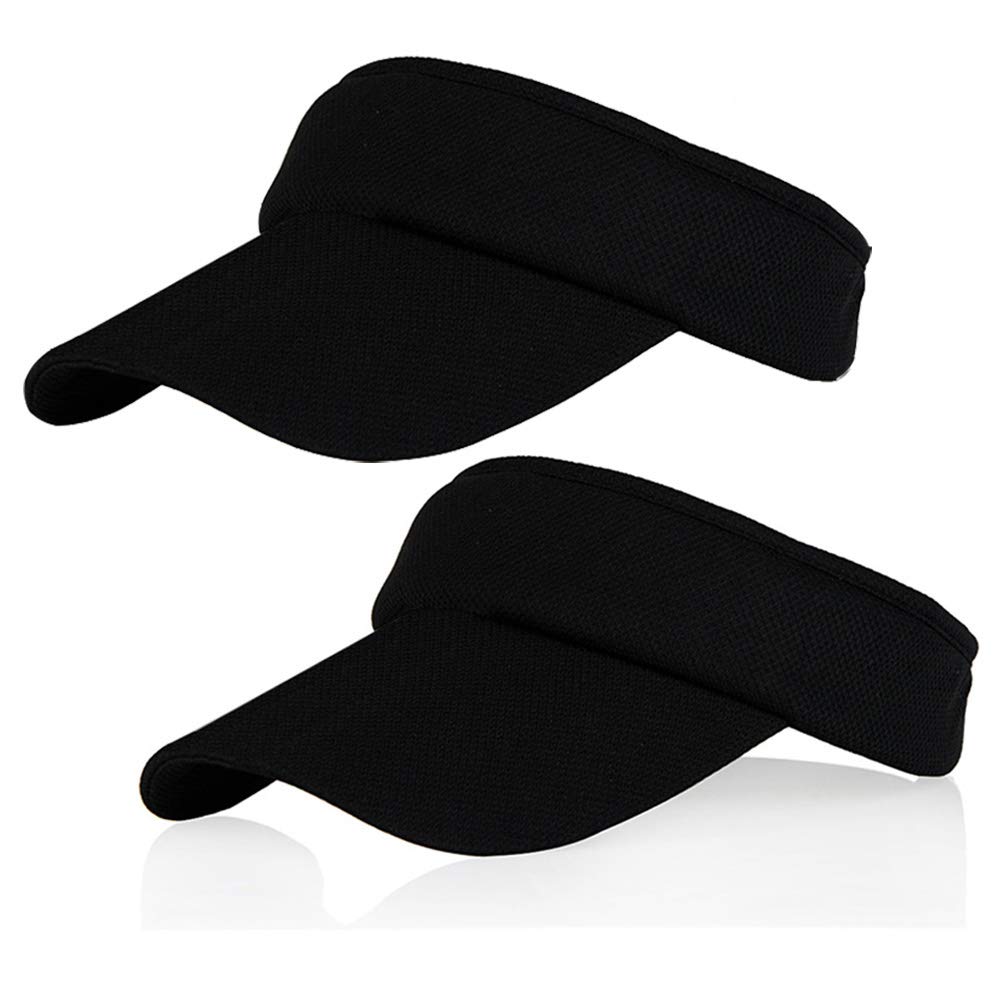 2 Pack Black Colors Sun Visors for Women and Girls, Long Brim Thicker Sweatband Adjustable Hat for Golf Cycling Fishing Tennis Running Jogging and Other Sports