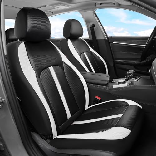 Image of Coverado Leather Car Seat Covers Front Seats & Carbon Fiber, Waterproof and Durable All Weather Protector, Universal Fit for SUV, Pickup Truck, Sedan, Automotive Vehicle Interior, Black&White