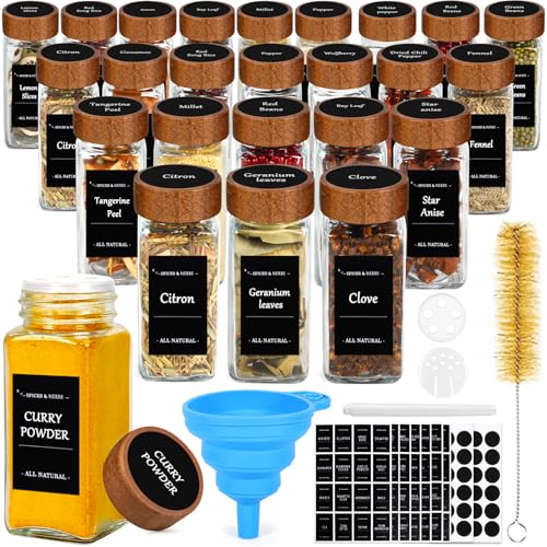 ZZXLOPEZ Pot à Épices en Verre et Bois, 24 Pièces 120ml Pots à Épices Set, Pot Epices Verre Carré, Récipient en Verre pour épices, Boite a Epices...