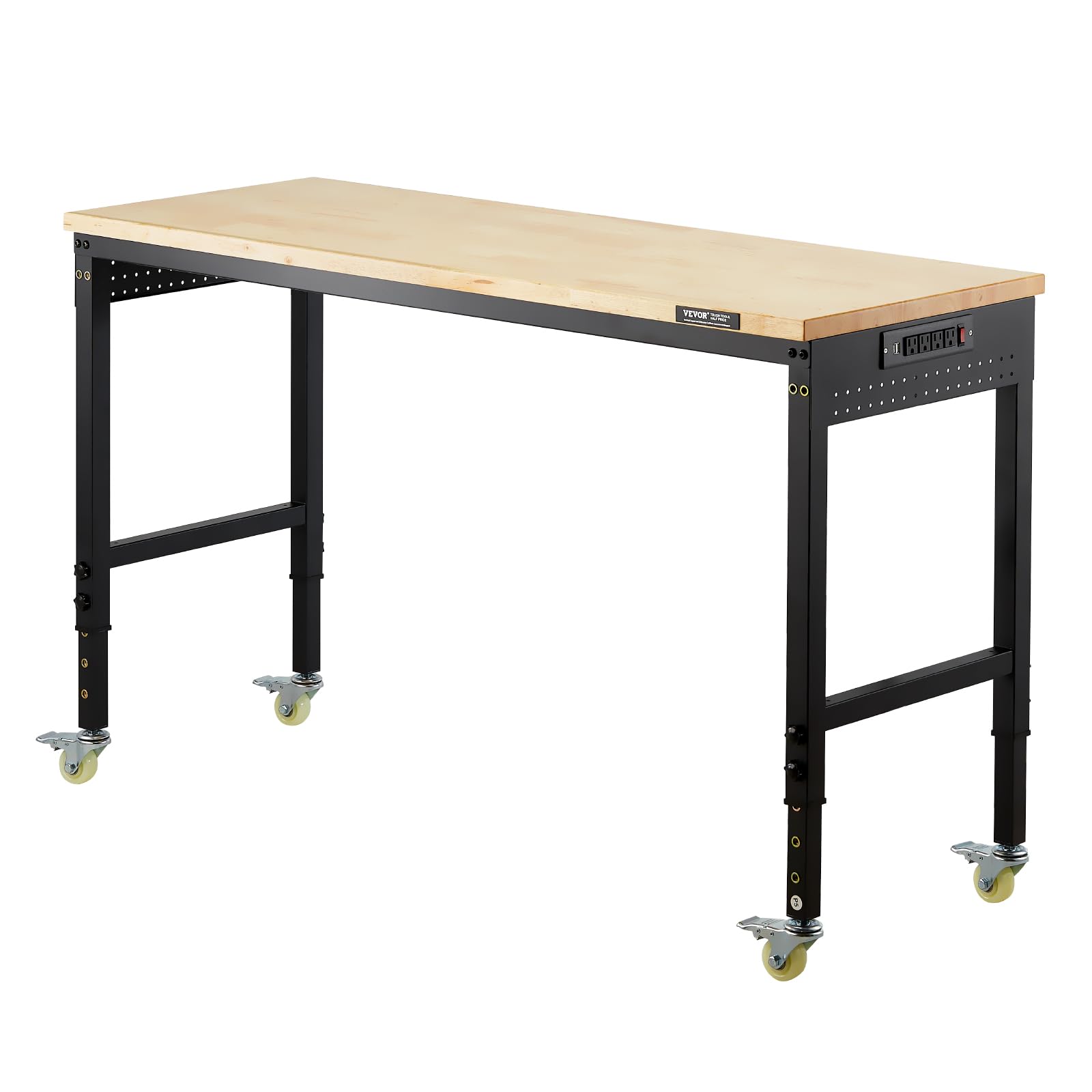 VEVOR Banco da Lavoro Regolabile 1524 mm, Carico 907 kg, Presa di Corrente, Tavolo per Lavoro Porta Attrezzi, Piano in Legno di Quercia per Garage, Officina, Ufficio e Casa