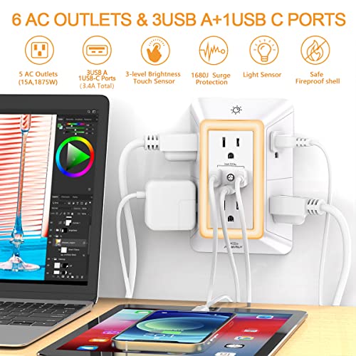 3-Sided Power Bars with Surge Protector, POWRUI 6-Outlet Extender with 3 USB Ports (1 USB C) and Night Light, Multi Plug Outlet and Spaced Outlets Adapter, ETL, White image 6