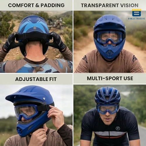 Image of Premium Adult Motocross Dirt Bike Racing, Cycling Goggles - Transparent Lens, Adjustable Strap with Extra Back Padding for Comfort