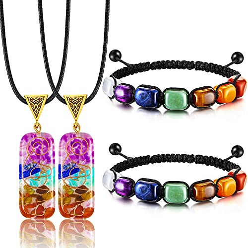 4 Pieces 7 Chakra Reiki Healing Necklace Bracelet Set, Including 2 Pieces Reiki Healing Crystals Stretch Bracelet Energy Healing Bracelets and 2 Pieces Healing Crystal Pendant Necklace (Classic Style)