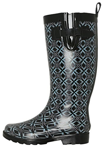 Capelli New York Ladies Shiny Tall Rubber Cozy Lined Rain Boots Geometric Print Black Combo 63