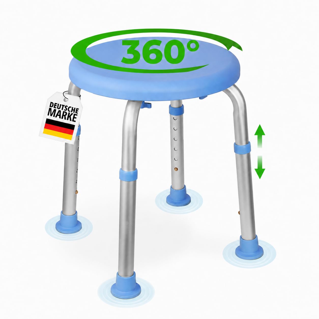 Duschhocker 360° extra leichtgängige Drehung, Medizinprodukt Klasse I, Stilvoller Duschstuhl 6-fach höhenverstellbar. Hygienischer Badsitz komplett abgedeckt. Bis 136 kg. Rutschfeste Gummifüße