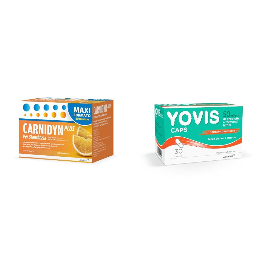 Carnidyn Plus 40 bustine, Gusto Arancia + Yovis Caps, 50 Miliardi di Fermenti Lattici Vivi, Senza Glutine e Lattosio, 30 Capsule Deglutibili