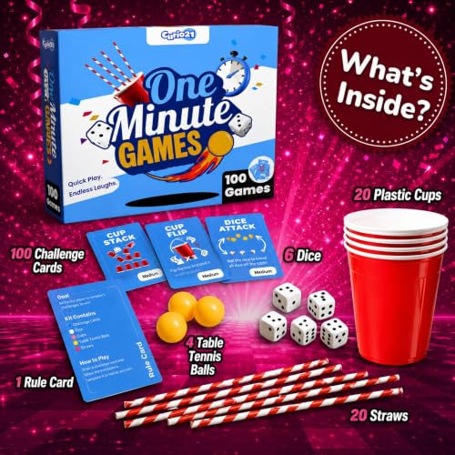 Image of One Minute Games - Fast-Paced Challenge Card Game | 100 Challenge Cards with Dice, Cups, Straws & Balls | Family Party Game for Groups & Teams | 1+ Players | Gift for Kids, Teens & Adults
