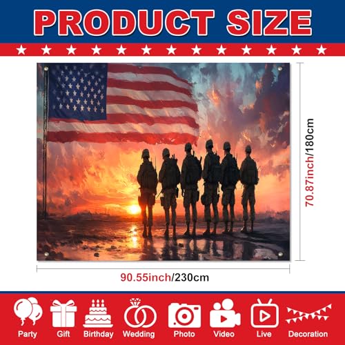 Image of Bliss Yard USA Patriotic Party Backdrop 8 x 6 Ft, American Flag Soldier Theme Banner, Independence Celebration Decor for Outdoor Yard Lawn Porch, Memorial Veterans Tribute Party Supplies