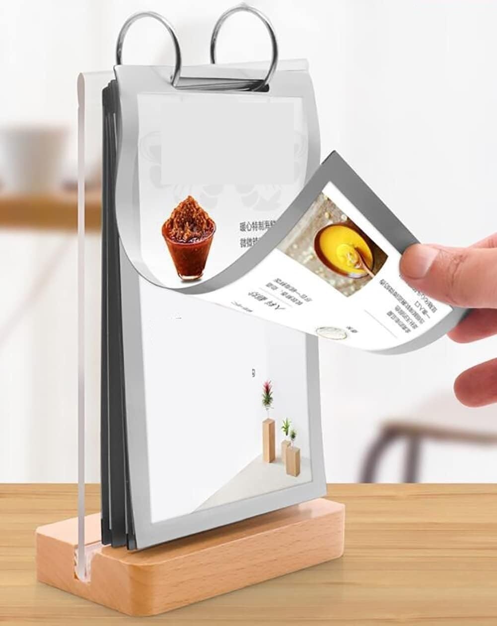 Expositor de Mesa de PVC Transparente con Base de Madera, Soporte de menú abatible de Doble Cara for restaurantes, hoteles y oficinas(230x330x65cm)