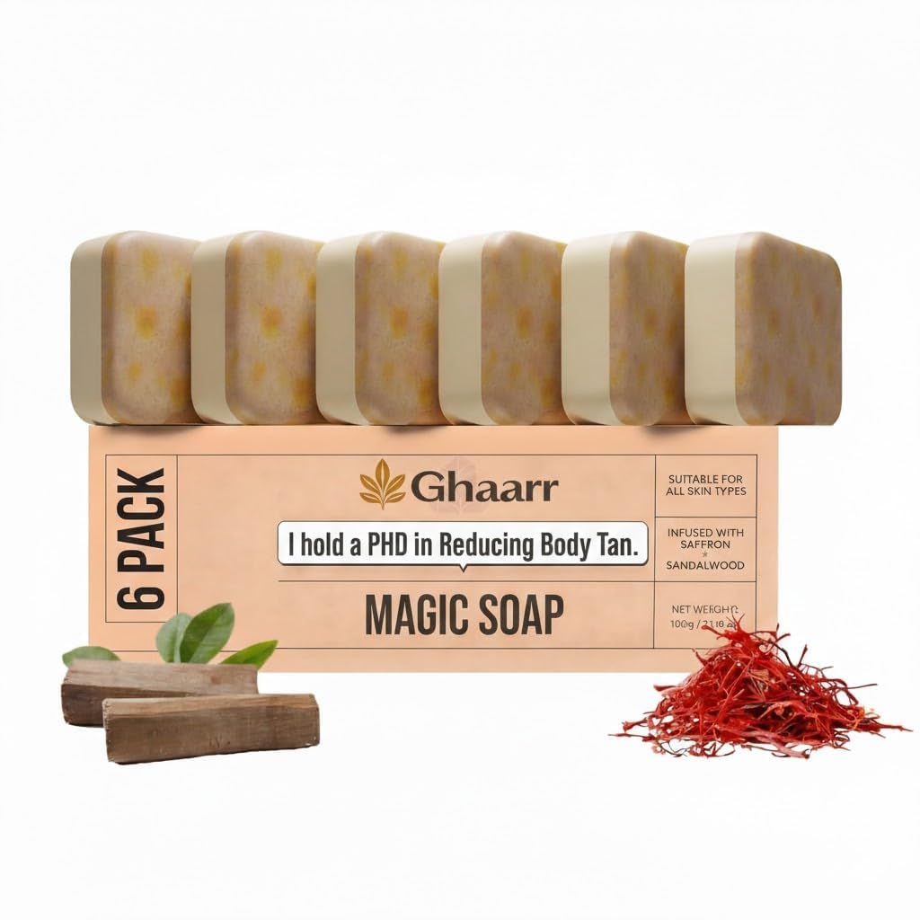 GHAARR Soaps Sandalwood & Saffron Magic Soaps For Bath (100 Gms Pack Of 6) | Paraben Free | Chandan & Kesar Bath Soap | Handmade Soaps For Glowing | Skin Brightening Soap For Men & Women
