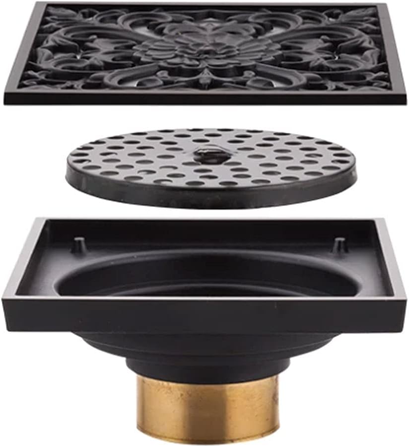 スクエアシャワーフロアドレン ブラック、4インチアンティーク真鍮フロアドレン、取り外し可能なカバー付き、排水ストレーナー、バスルーム