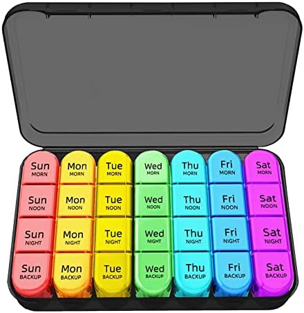 Zoksi 7 Day Pill Organizer 4 Times a Day, Weekly Pill Box, Travel Pill Case, Daily Medicine Organizer, Medication Container with 28 Portable Compartments for Fish Oils, Vitamins or Supplements (Black)