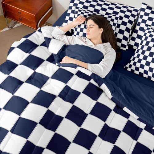 Image of Erosebridal Boys Navy Checkered King Bedding Set 7 Piece White Dark Blue Buffalo Plaid Grid Comforter Set with Sheets,Checkerboard Bed in A Bag for Kids Teen Mengeometrical Gingham Bed Set
