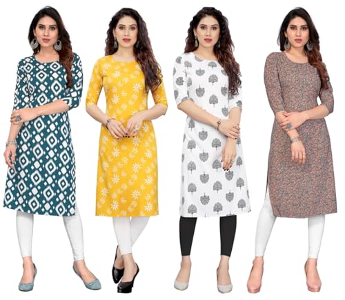 Image of JAKHANA Women's Crepe Printed Casual Straight Calf Length Round Nick Kurta Pack of 4