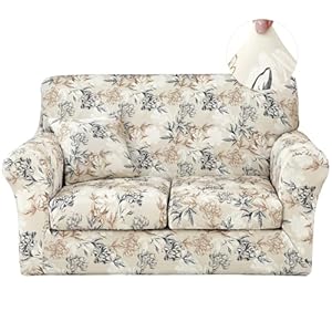 JQinHome 4 Piece Stretch Sofa Cover Printed Couch Cover, Floral Pattern Loveseat Slipcover with 2 Separate Cushion Cover, Washable Furniture Protector for Living Room(Loveseat,Flowers Shadow)
