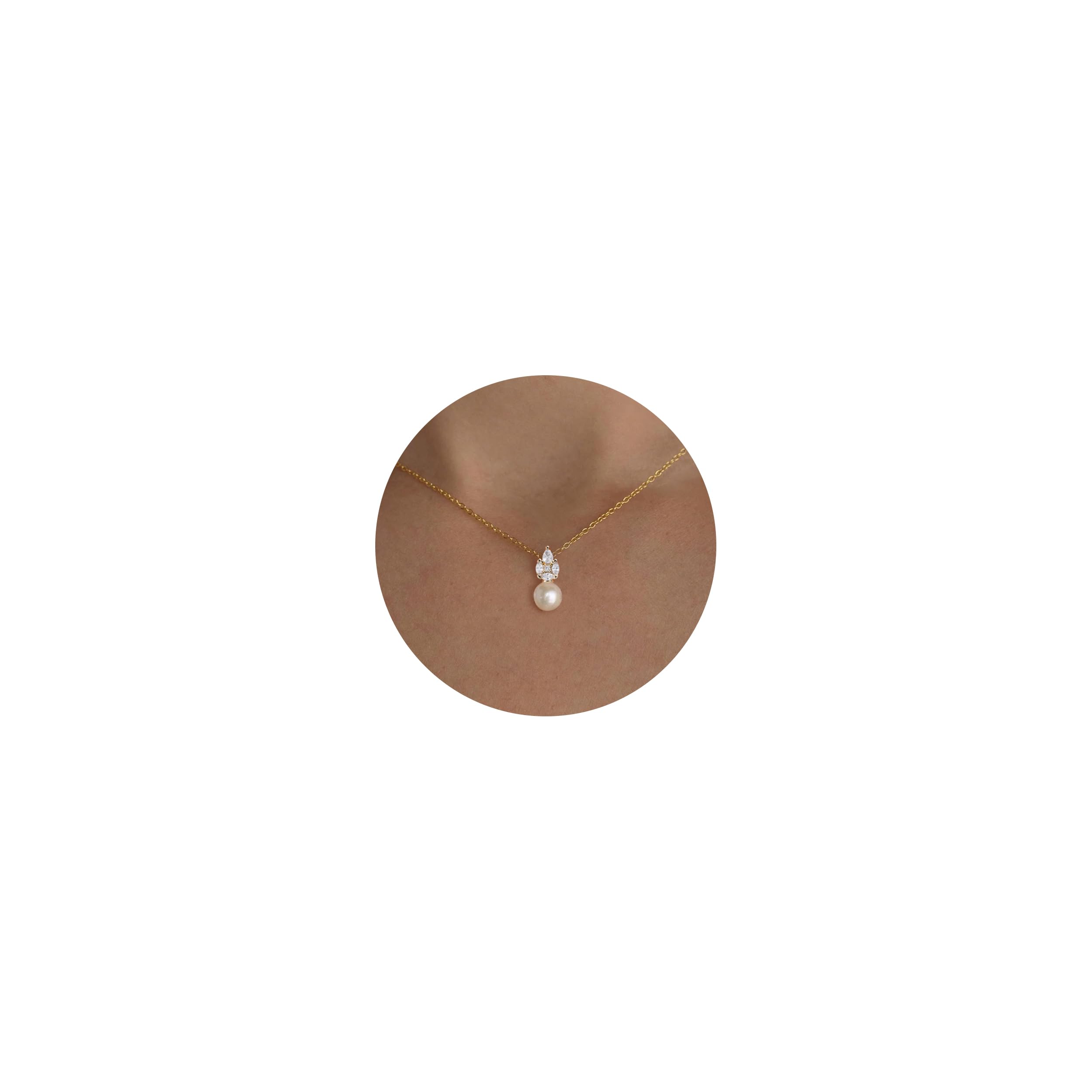 PRTGL Perlenkette – 14K vergoldet oder Weißgold Silber Weiße Perlen Hette für Damen und Mädchen – Einzelperlen Anhänger – Gänseblümchen Choker Design – Y-Halskette – Perlenhalskette mit Zirkonia