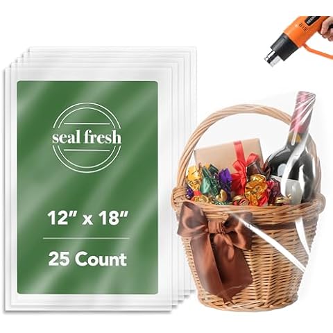 Seal Fresh Shrink Wrap Clear Gift Bags for Gift Baskets (Ribbon and Basket NOT Included) – 12" x 18" (25 Count) – PVC Plastic Shrink Wrap Bags, Heat Shrink Wrap, Plastic Gift Bags, Heat Shrink Bags Cover
