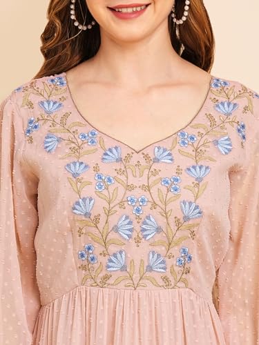 Image of RATAN Women's Floral Embroidered Puff Sleeve Chiffon Flared Tiered Kurta Gown Maxi Dress